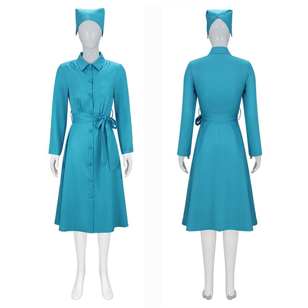 Ratched Cosplay Costume Blue Nurse Dress with Belt and Hat for Halloween - zzcosplay