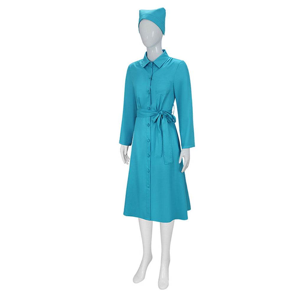 Ratched Cosplay Costume Blue Nurse Dress with Belt and Hat for Halloween - zzcosplay