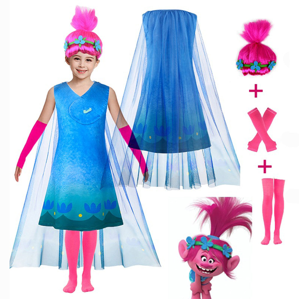 Girls Trolls World Tour Costume Princess Poppy Dress Set - ZZCOSPLAY