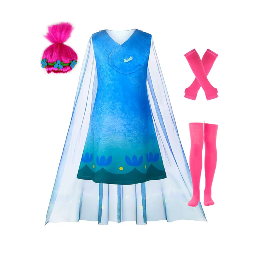Girls Trolls World Tour Costume Princess Poppy Dress Set - ZZCOSPLAY