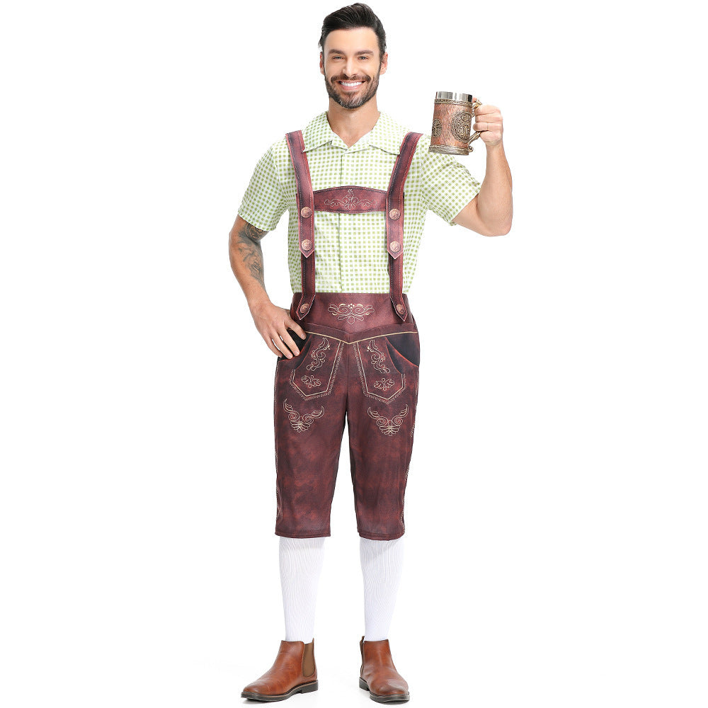 Men's Bavarian Lederhosen Oktoberfest Overalls Plaid Shirt Costume - ZZCOSPLAY