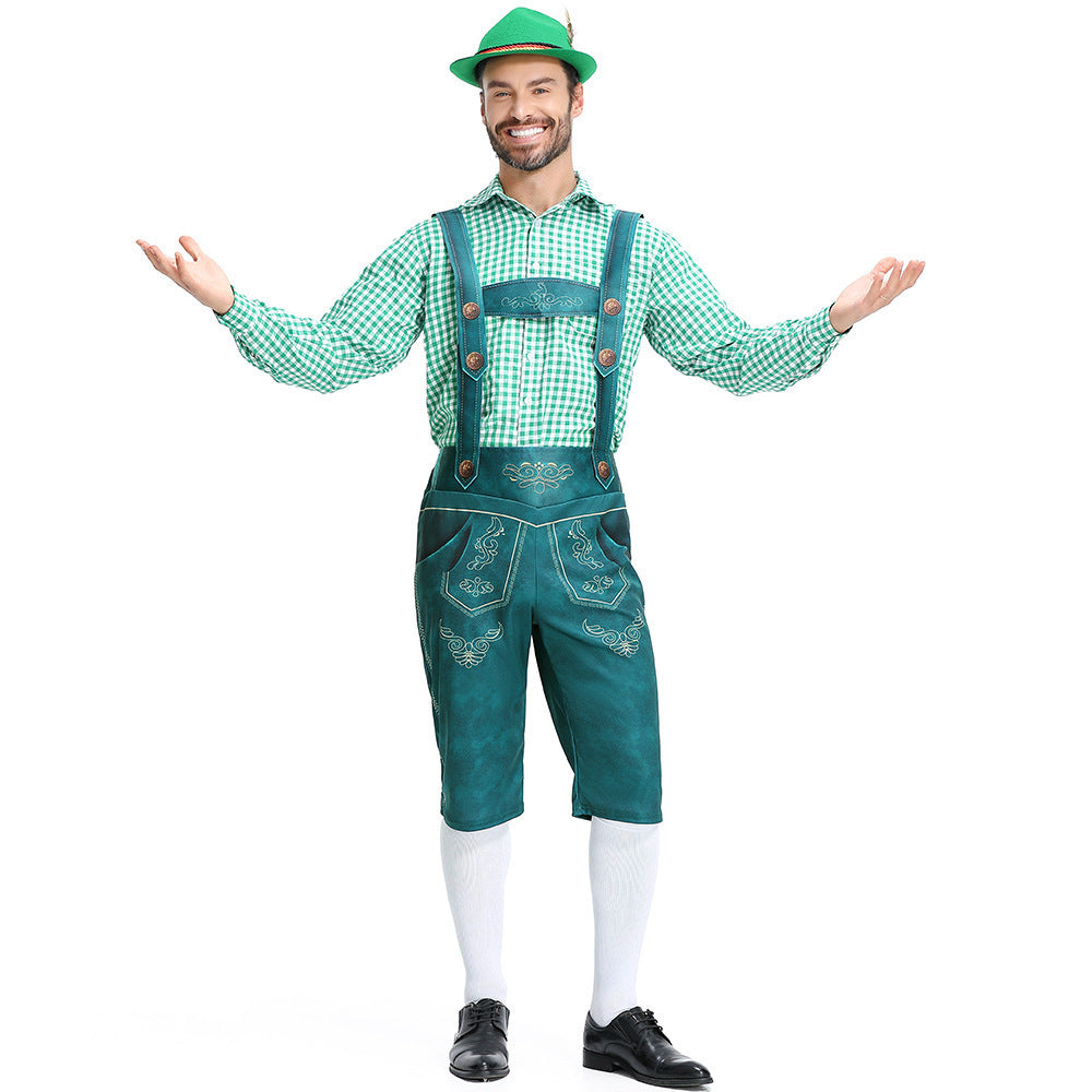 Men's Bavarian Lederhosen Oktoberfest Overalls Plaid Shirt Costume - ZZCOSPLAY