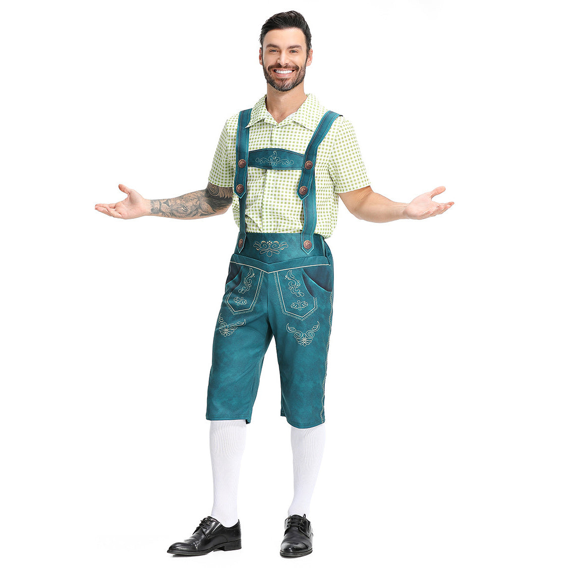 Men's Bavarian Lederhosen Oktoberfest Overalls Plaid Shirt Costume - ZZCOSPLAY