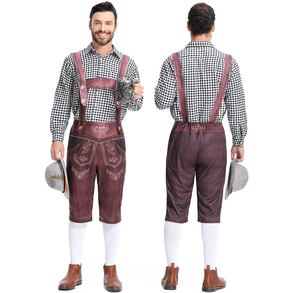 Men's Bavarian Lederhosen Oktoberfest Overalls Plaid Shirt Costume - ZZCOSPLAY