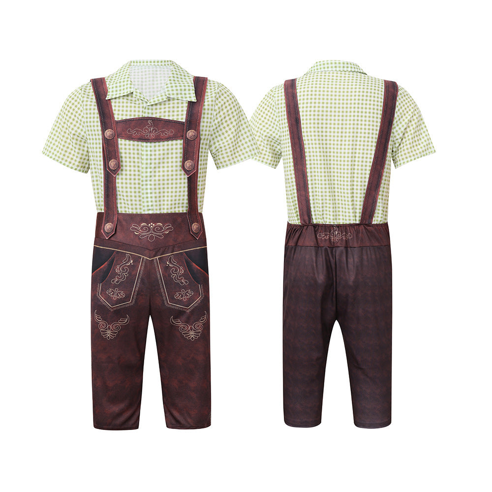 Men's Bavarian Lederhosen Oktoberfest Overalls Plaid Shirt Costume - ZZCOSPLAY