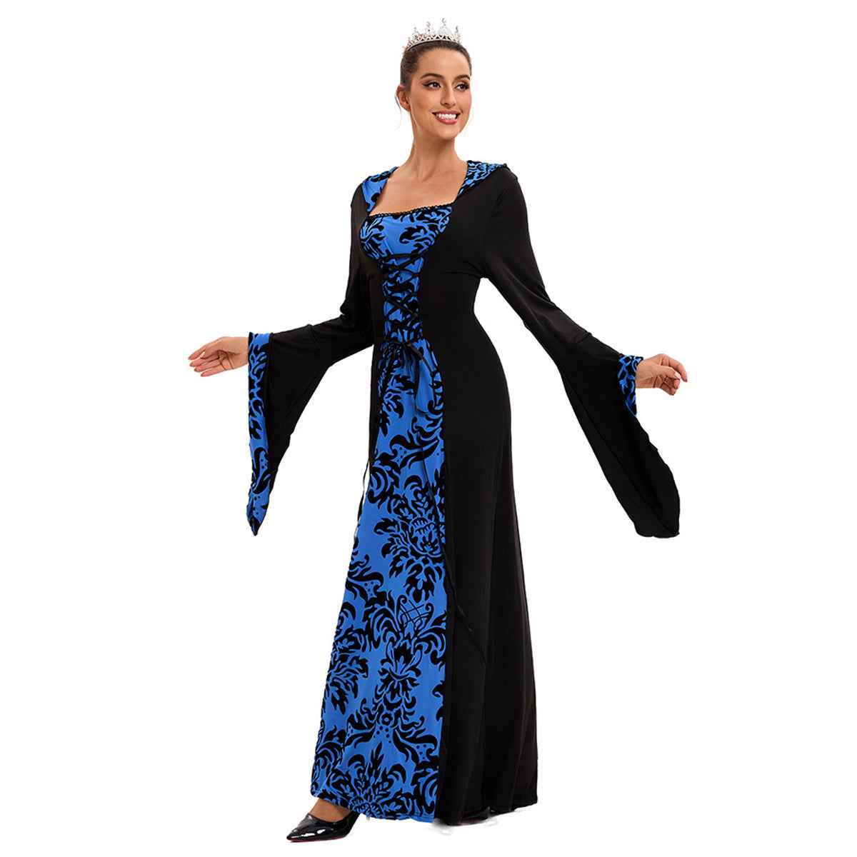 Medieval Hooded Swing Dress Costume Printed Retro Long Sleeves