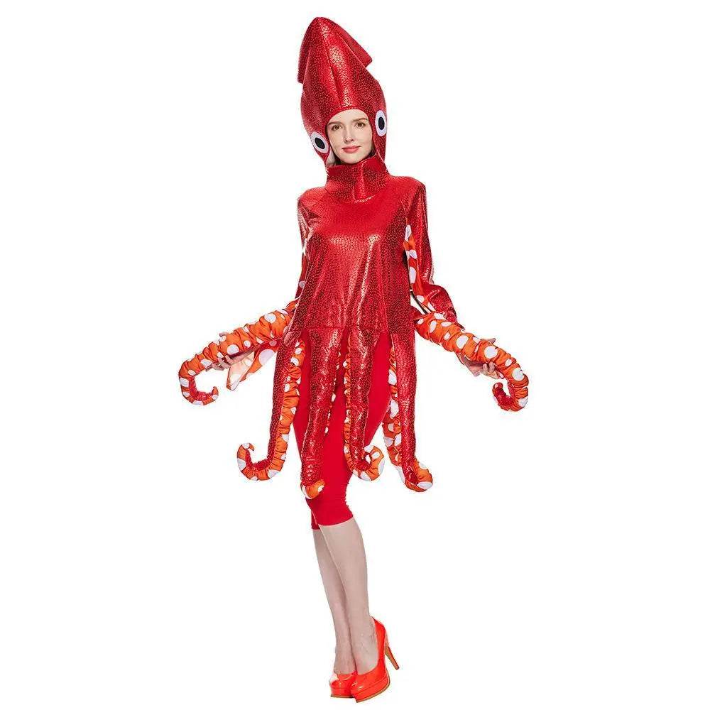 Adult Spoof Squid Costume Red Leggings Jumpsuit Funny Novelty Halloween Cosplay Costume - zzcosplay