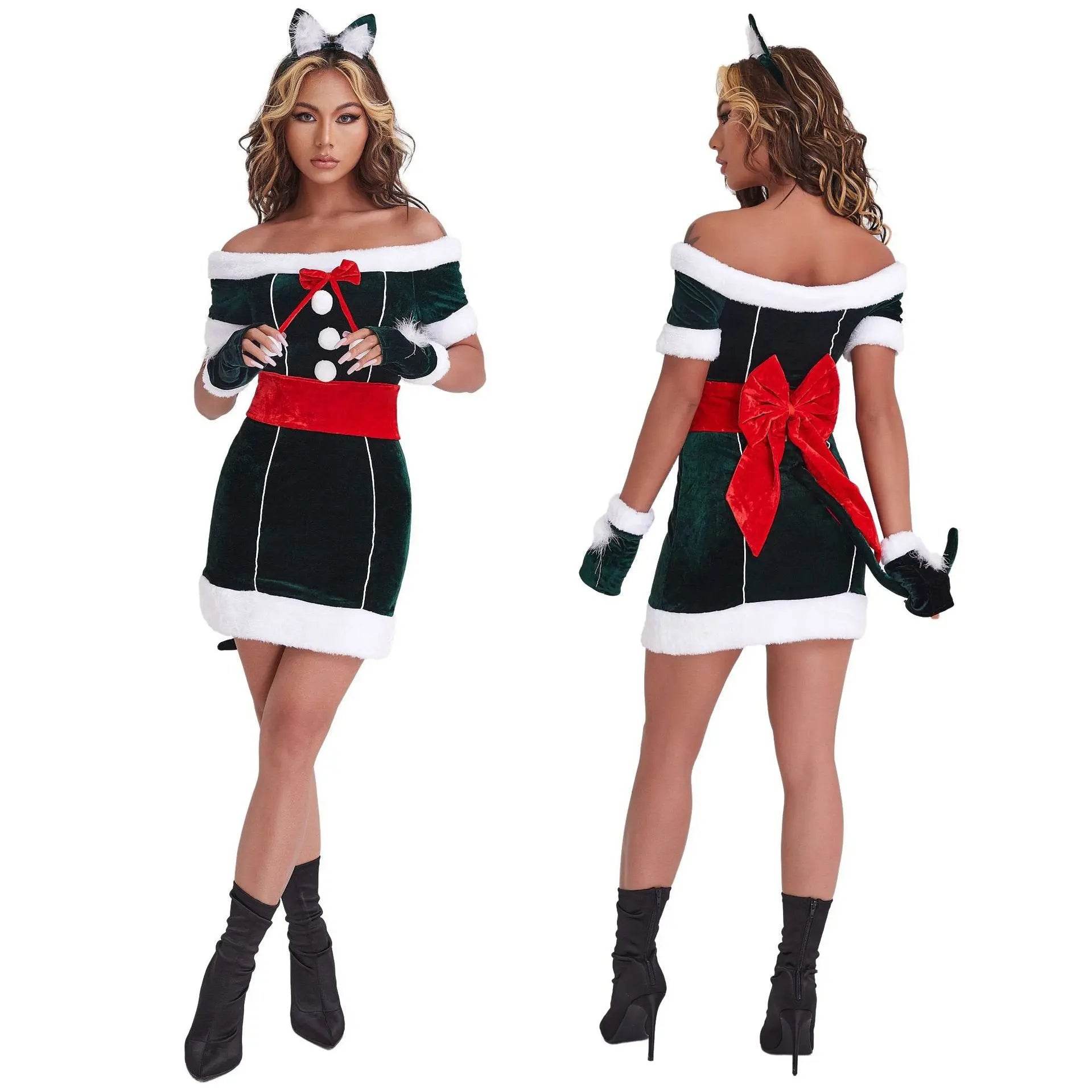 Christmas Off Shoulder Cute Cat Costumes Party Dress - zzcosplay