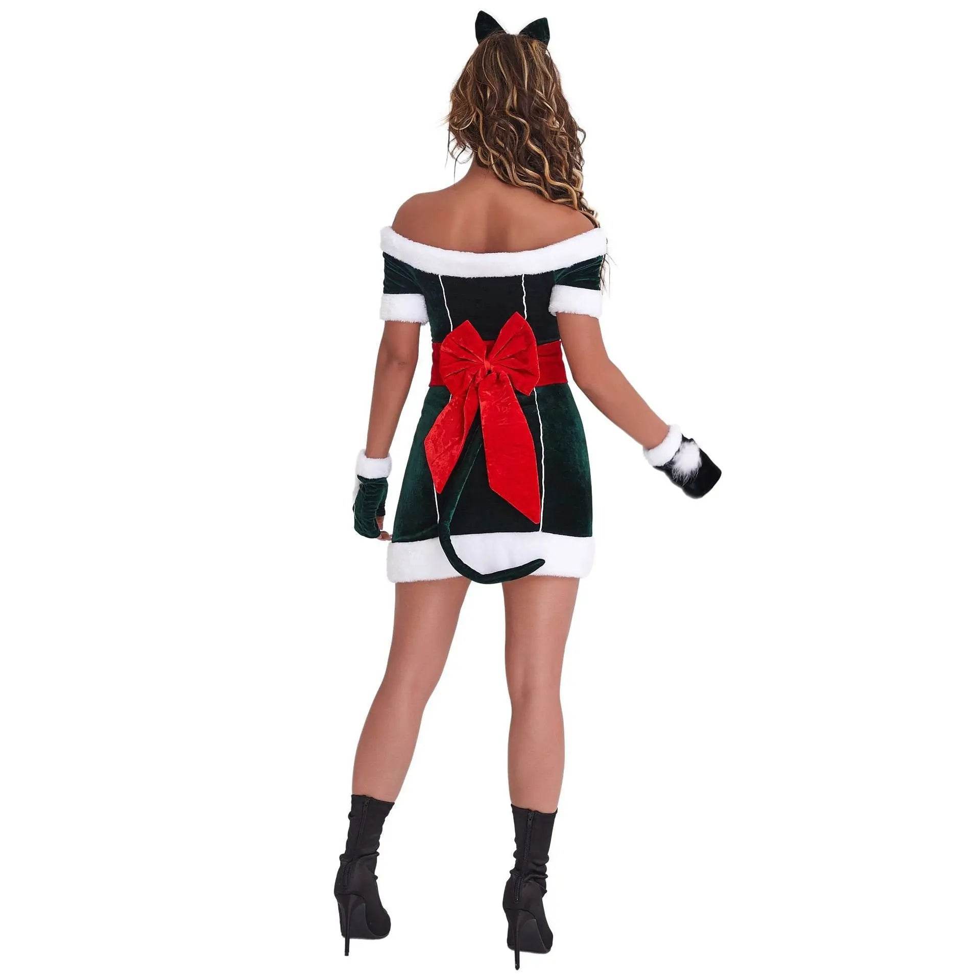 Christmas Off Shoulder Cute Cat Costumes Party Dress - zzcosplay