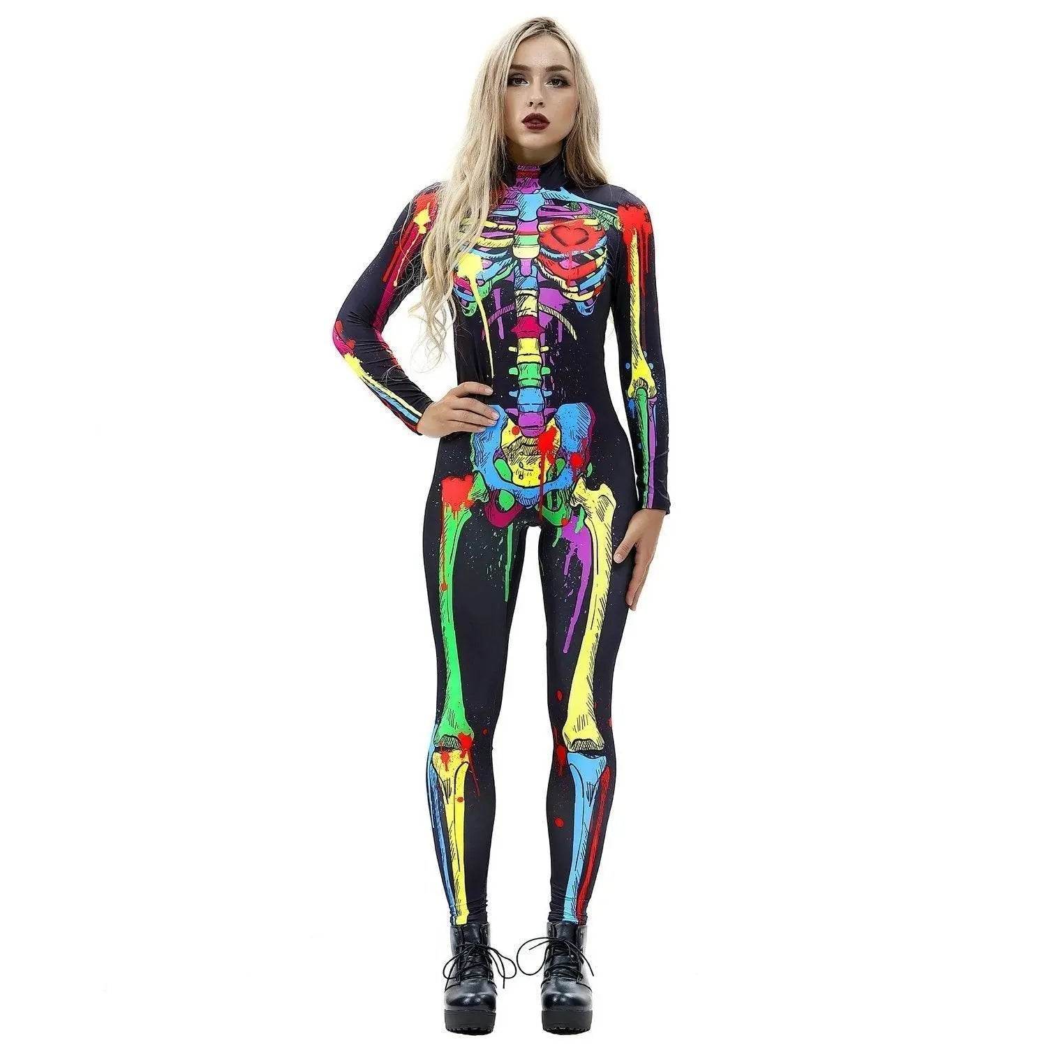 Coloful Skull Halloween Cosplay Costume Bodycon Jumpsuit for Women - zzcosplay