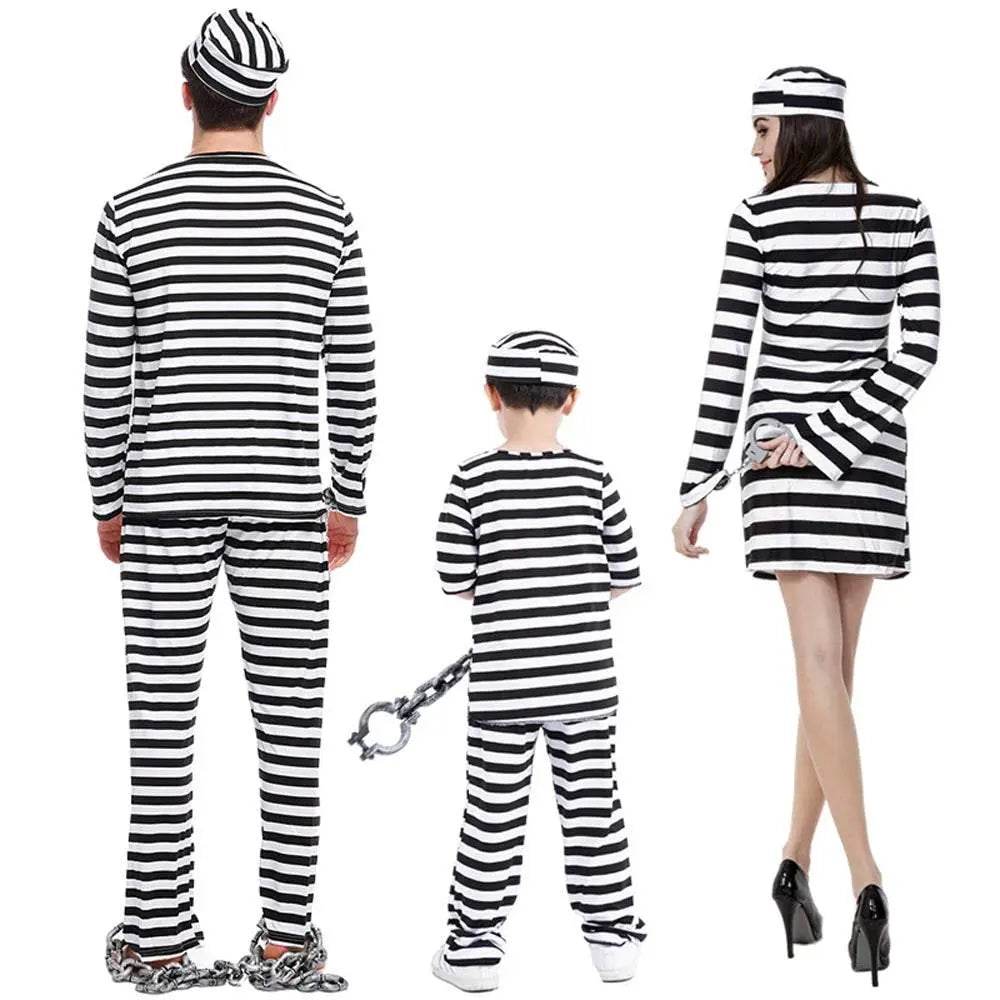 Halloween Adult Kid Striped Prison Costume Hat Top Pants Dress Set - zzcosplay