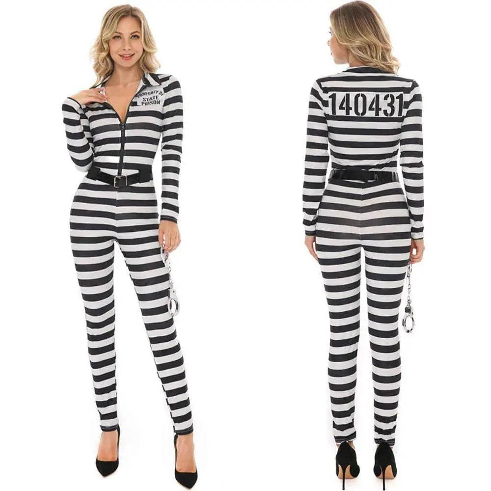 Halloween woman black and white striped prisoner costume - zzcosplay