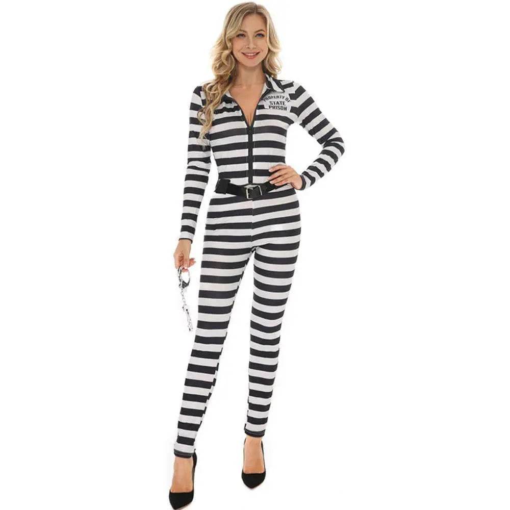 Halloween woman black and white striped prisoner costume - zzcosplay