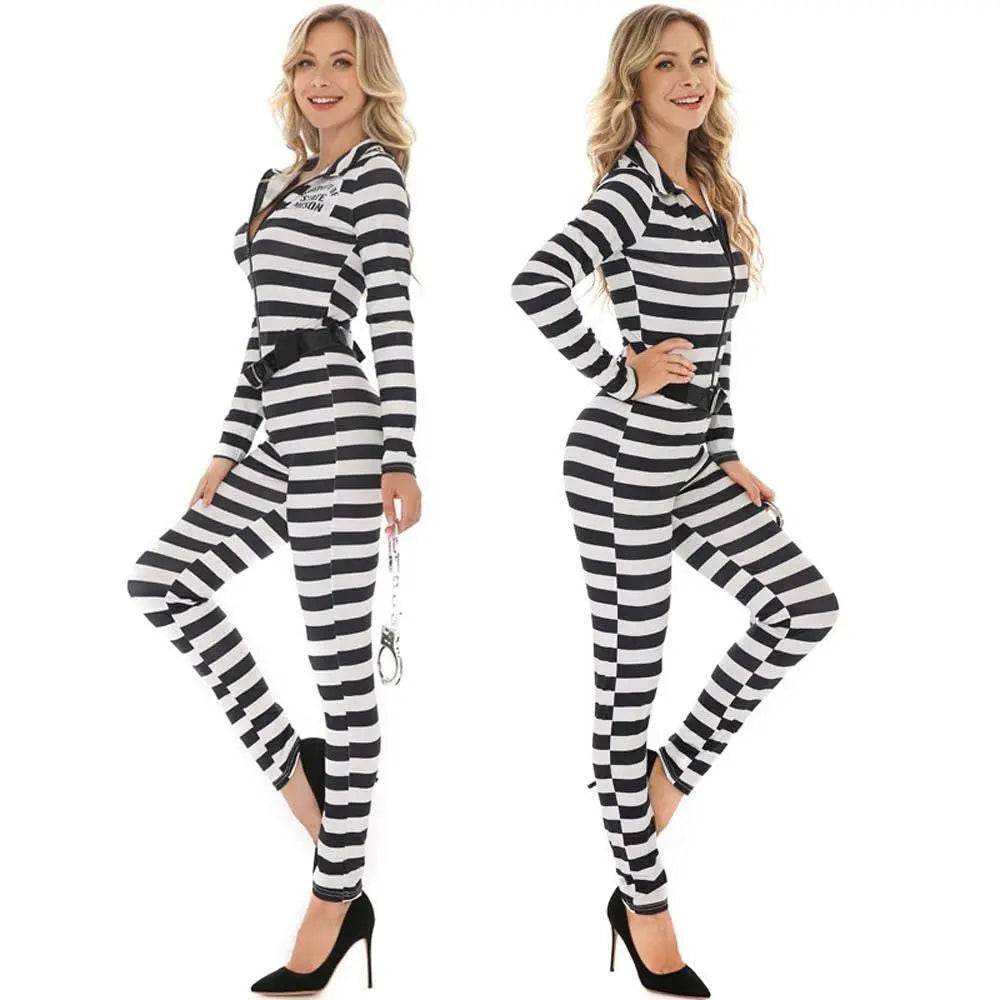 Halloween woman black and white striped prisoner costume - zzcosplay