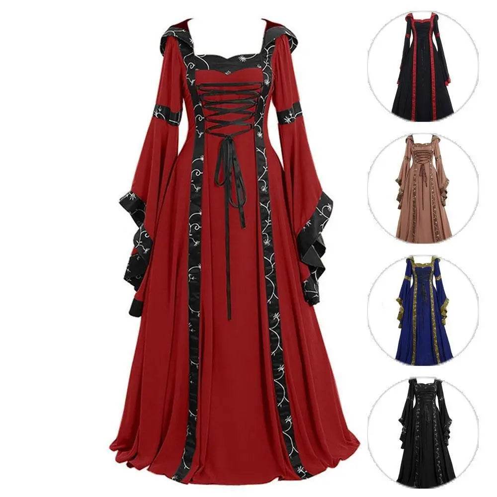 Medieval Retro Hooded Dress Costume Square Neck Tie Trumpet Sleeves Big Swing Skirt - zzcosplay