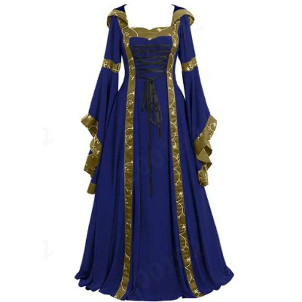 Medieval Retro Hooded Dress Costume Square Neck Tie Trumpet Sleeves Big Swing Skirt - zzcosplay