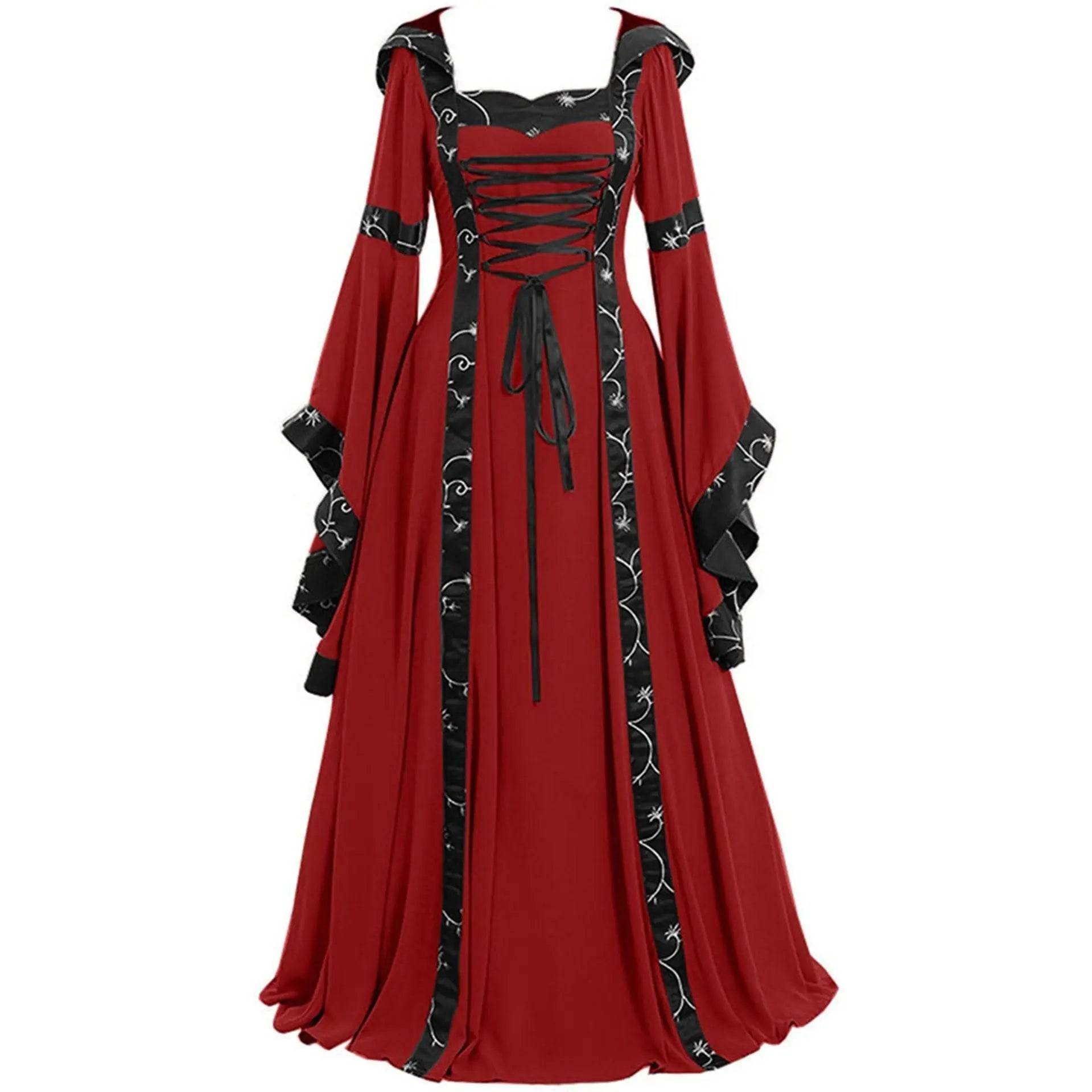 Medieval Retro Hooded Dress Costume Square Neck Tie Trumpet Sleeves Big Swing Skirt - zzcosplay