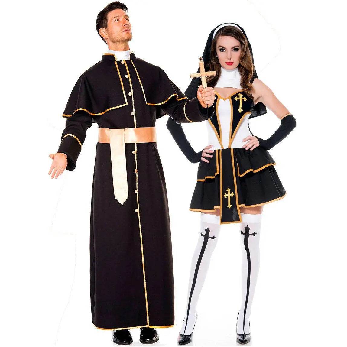 Pastor Fr Nun Couples Costume Halloween Outfits Cosplay Party Carnival - zzcosplay