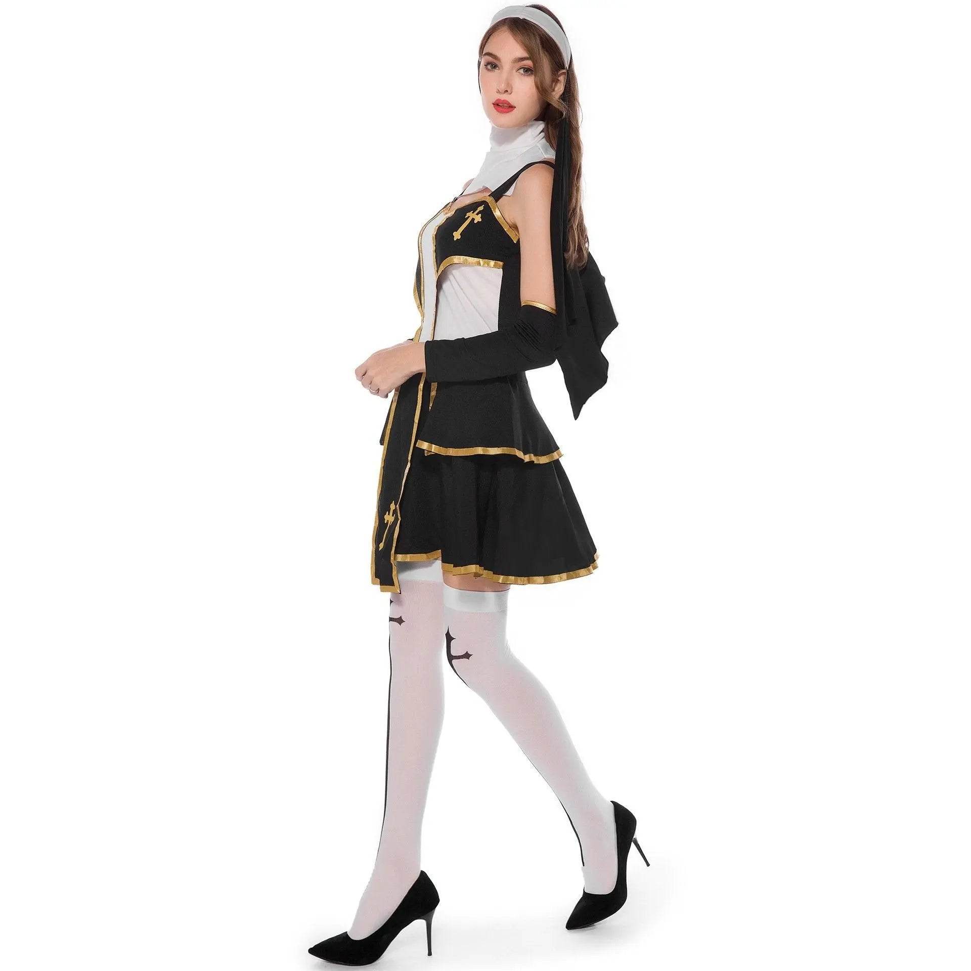 Pastor Fr Nun Couples Costume Halloween Outfits Cosplay Party Carnival - zzcosplay