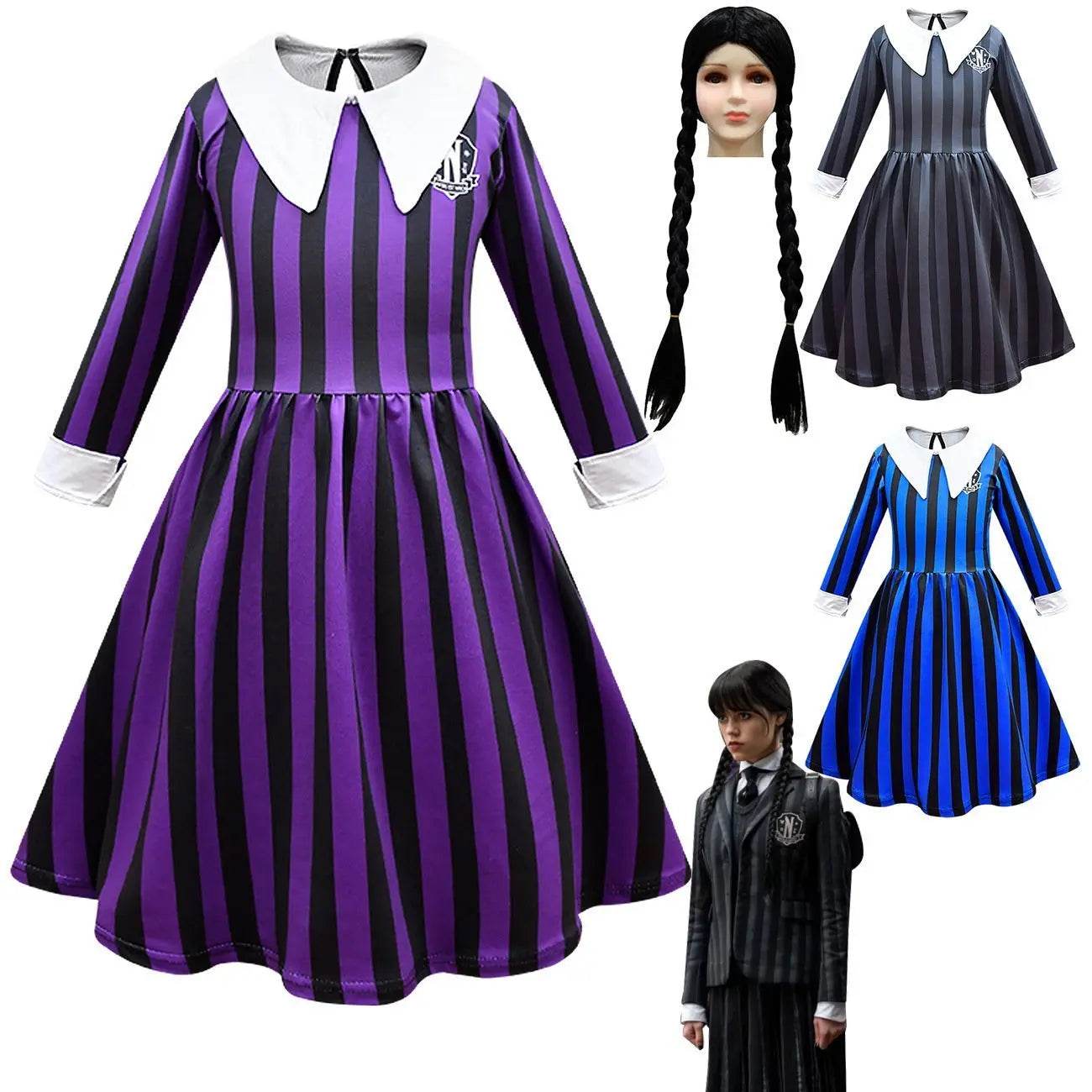 Wednesday Costume The Addams Family Cosplay Striped Dress For Kids - zzcosplay