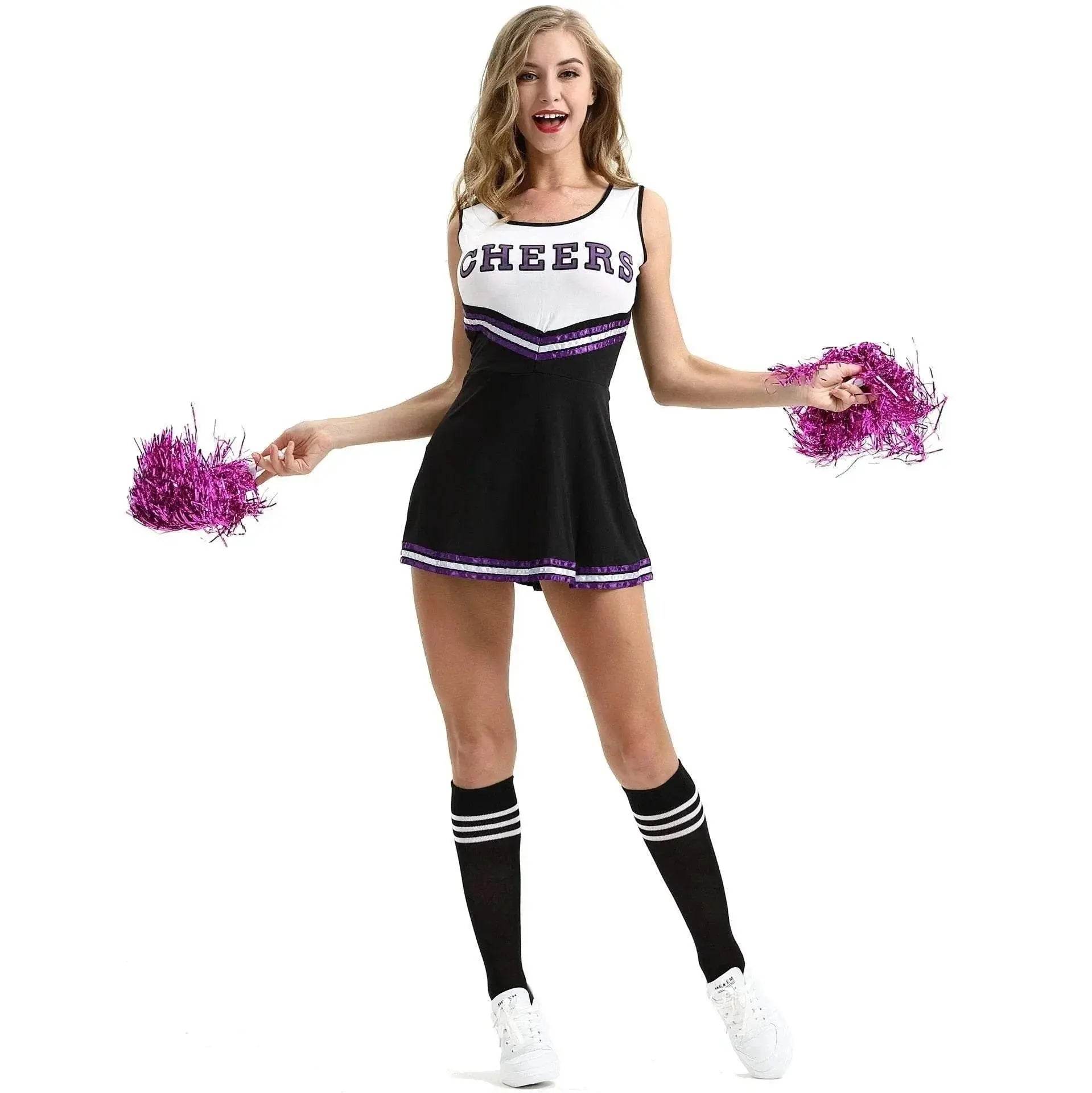 Women Cheerleader Costume Outfit With Poms Fancy Uniform Sports Dress - zzcosplay