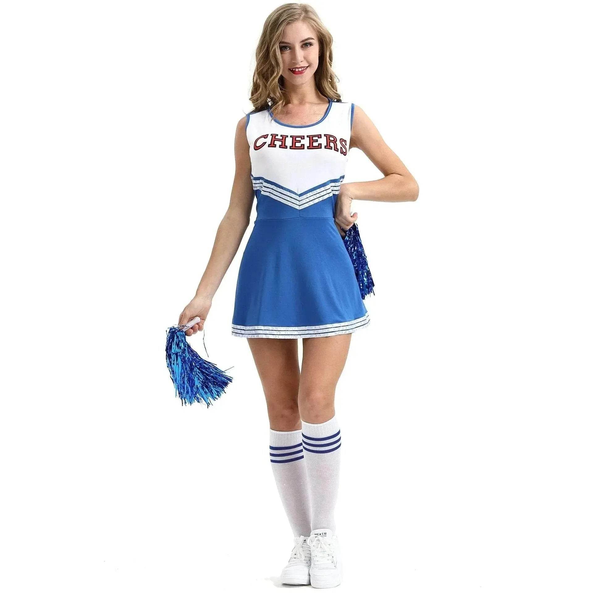 Women Cheerleader Costume Outfit With Poms Fancy Uniform Sports Dress - zzcosplay