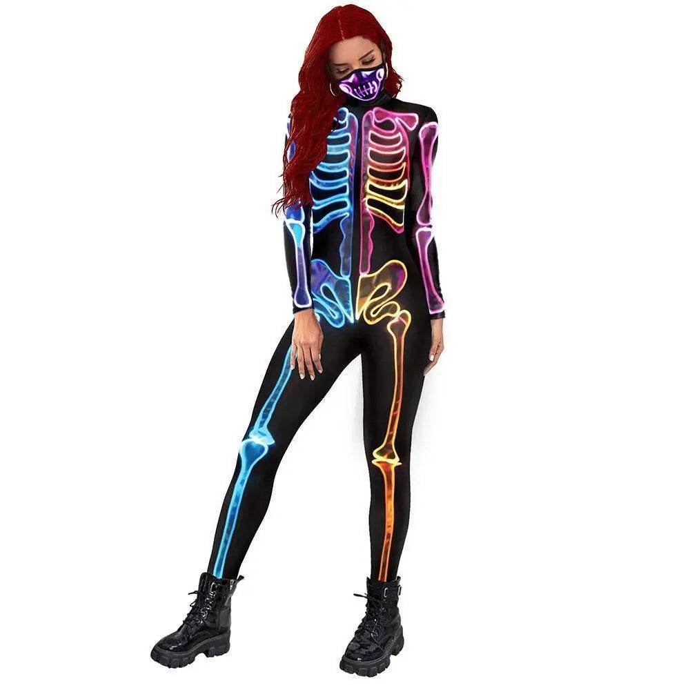 Women Halloween Jumpsuit Skull Cosplay Costume Funny Skeleton Halloween Bodysuit Skinny Catsuit - zzcosplay