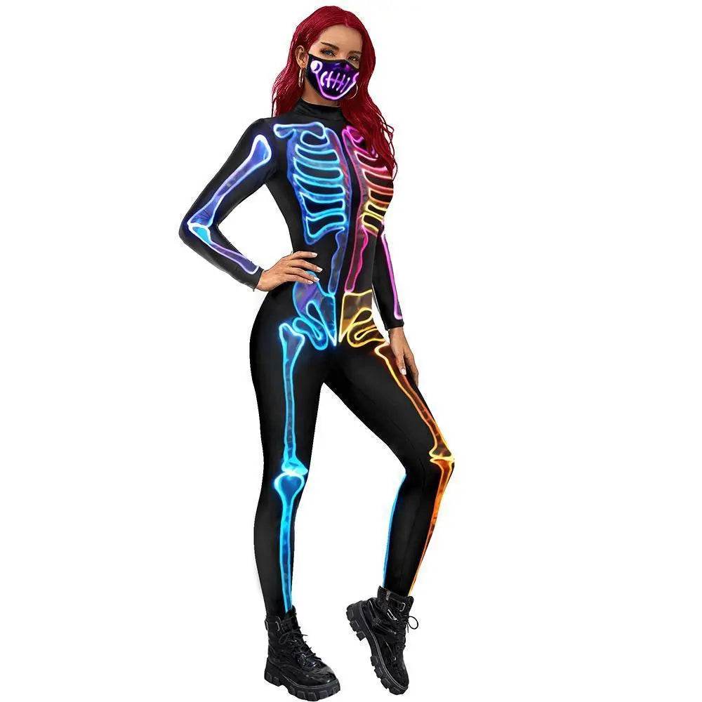 Women Halloween Jumpsuit Skull Cosplay Costume Funny Skeleton Halloween Bodysuit Skinny Catsuit - zzcosplay