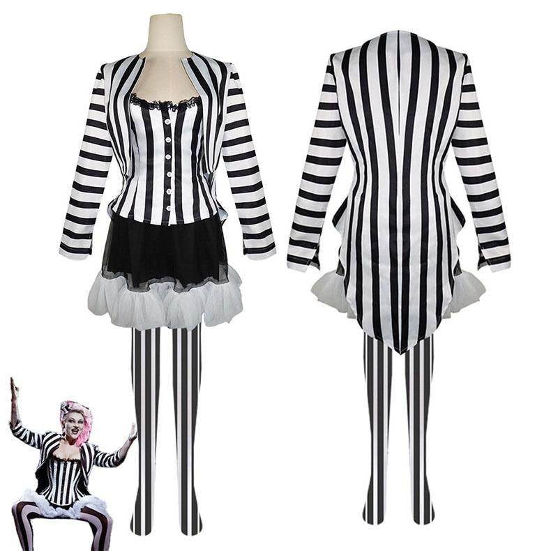 Beetlejuice 2 Costume Black and White Striped Women Dress Outfits - zzcosplay