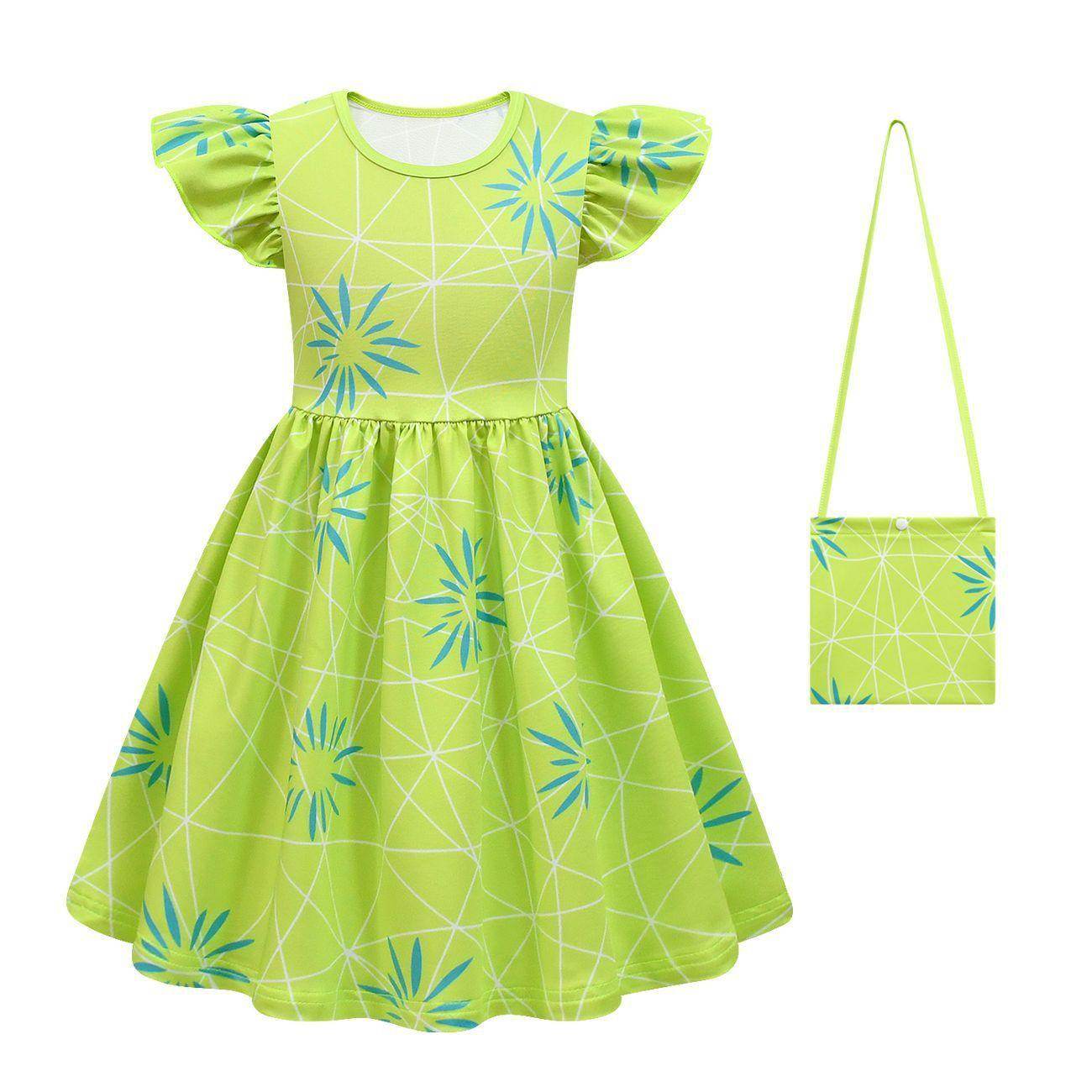 Inside Out Joy Cosplay Costume Dress for Girls Flutter Sleeve A Line Dress with Bag - zzcosplay
