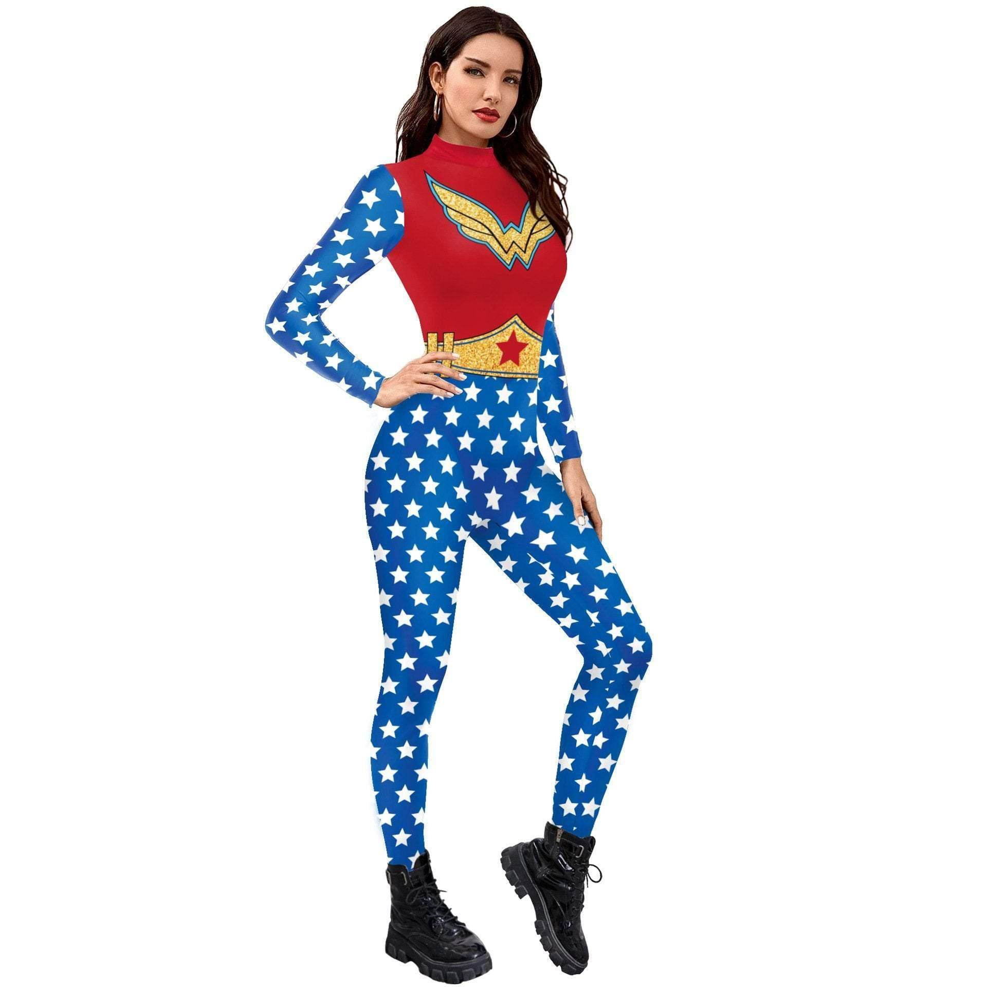 Superhero Wonder Woman Cosplay Costume Halloween Printed Jumpsuit Slim Fit Long Sleeve Party Outfit for Women - zzcosplay
