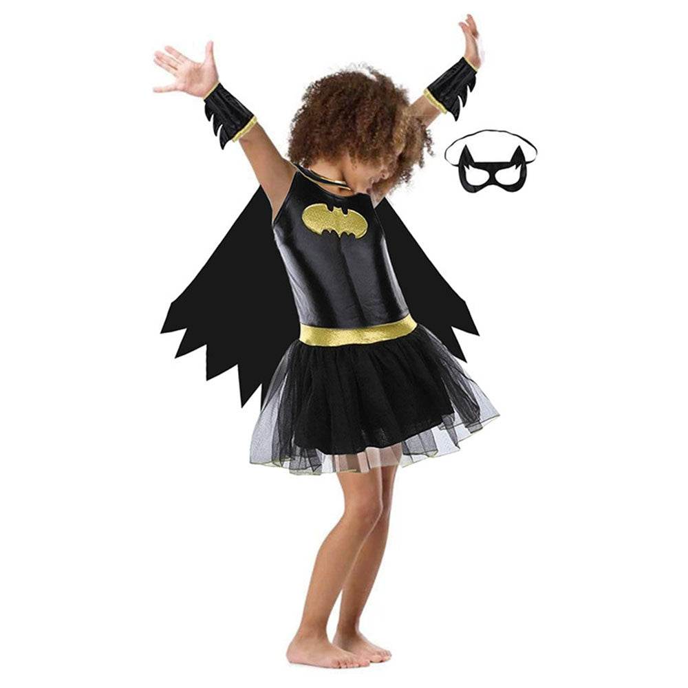 Black Bat man Costume Halloween For Kids Girl Full Set With Cape - zzcosplay