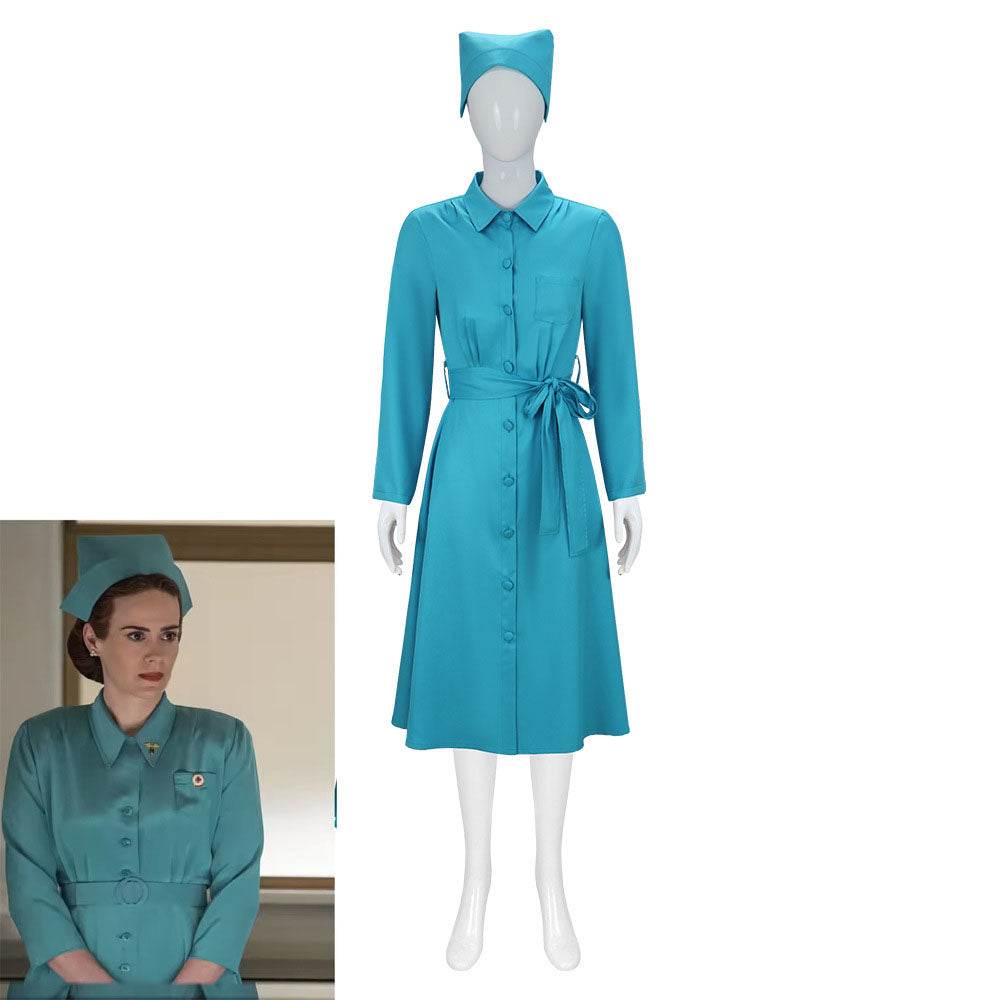 Ratched Cosplay Costume Blue Nurse Dress with Belt and Hat for Halloween - zzcosplay