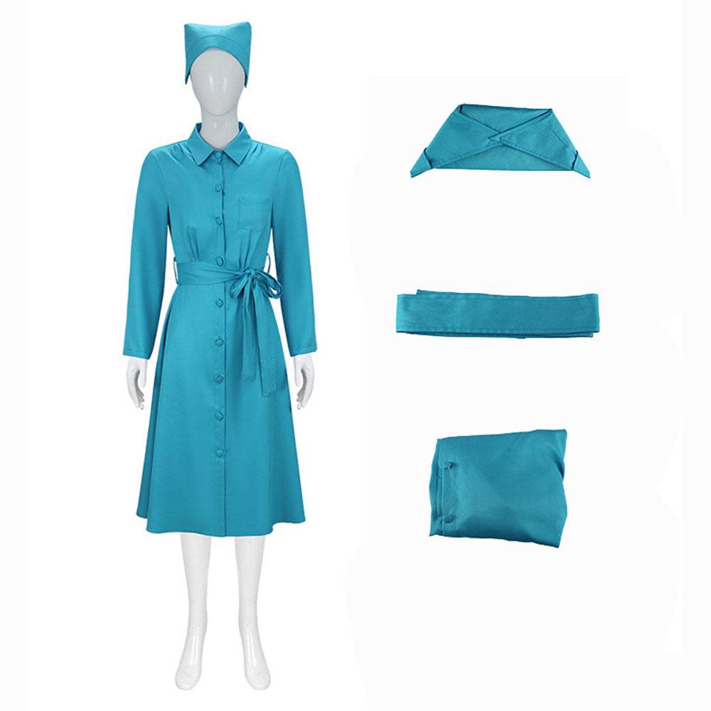 Ratched Cosplay Costume Blue Nurse Dress with Belt and Hat for Halloween - zzcosplay