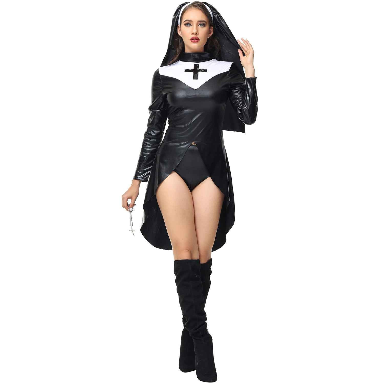 PU Leather Punk Nun Costume for Women Halloween