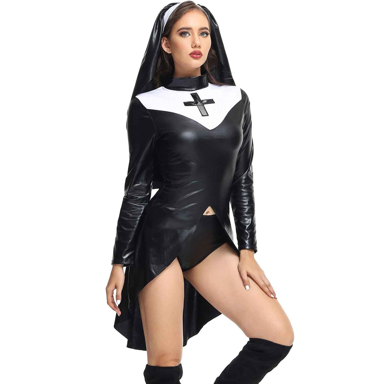 PU Leather Punk Nun Costume for Women Halloween