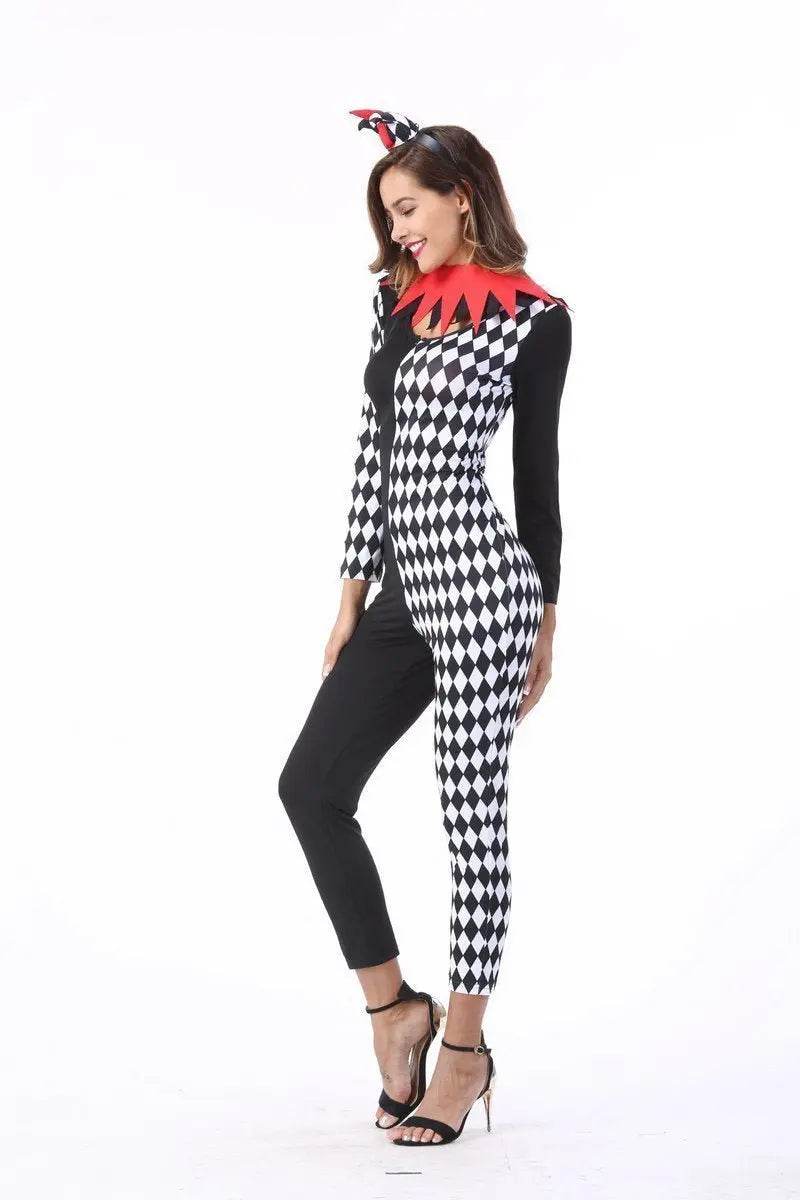 Adult Women Circus Clown Harlequin Jester Halloween Costume Jumpsuit - zzcosplay