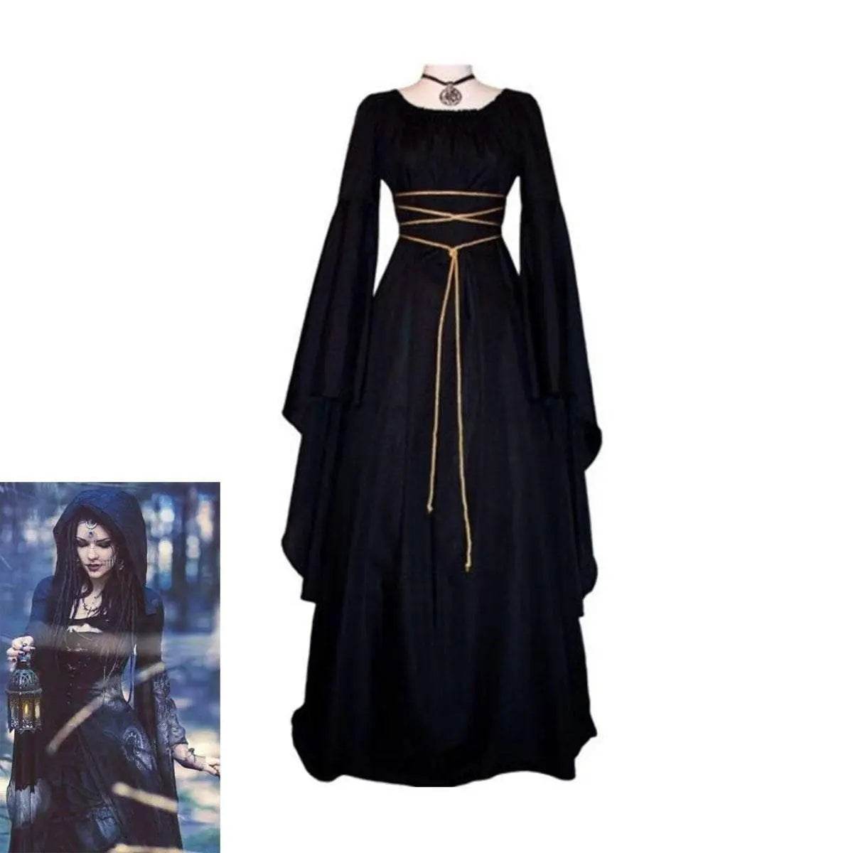 Antique solid color Halloween witch long sleeve dress - zzcosplay