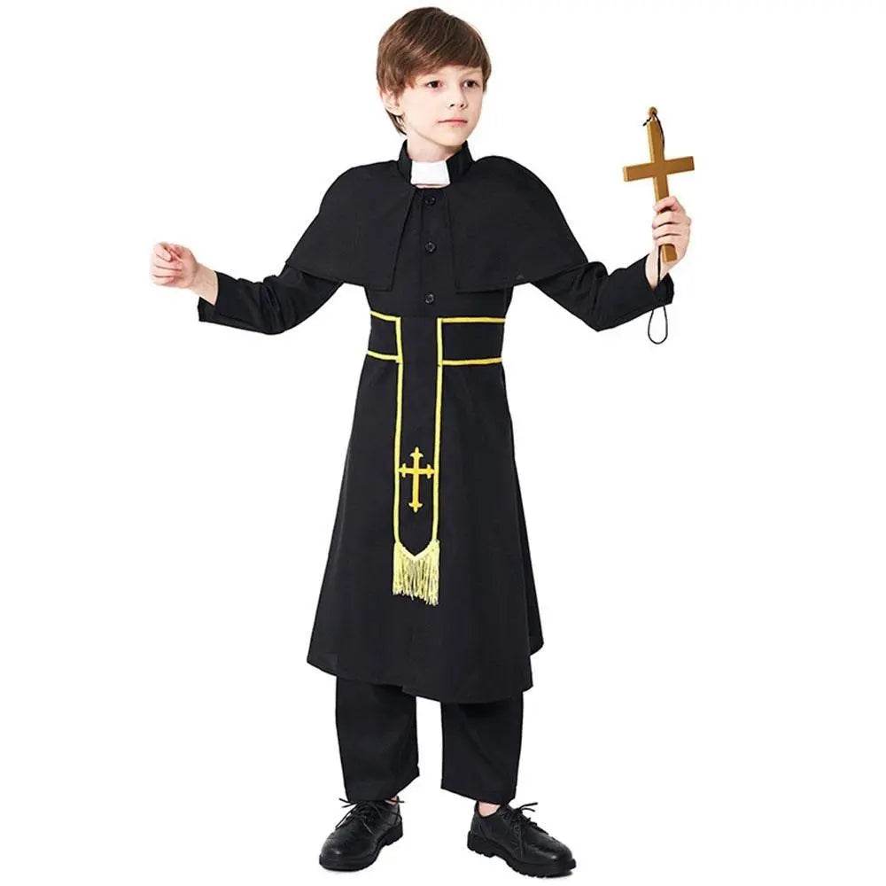 Black Robed Priest Halloween Outfits Carnival Cosplay Costume For Kids - zzcosplay