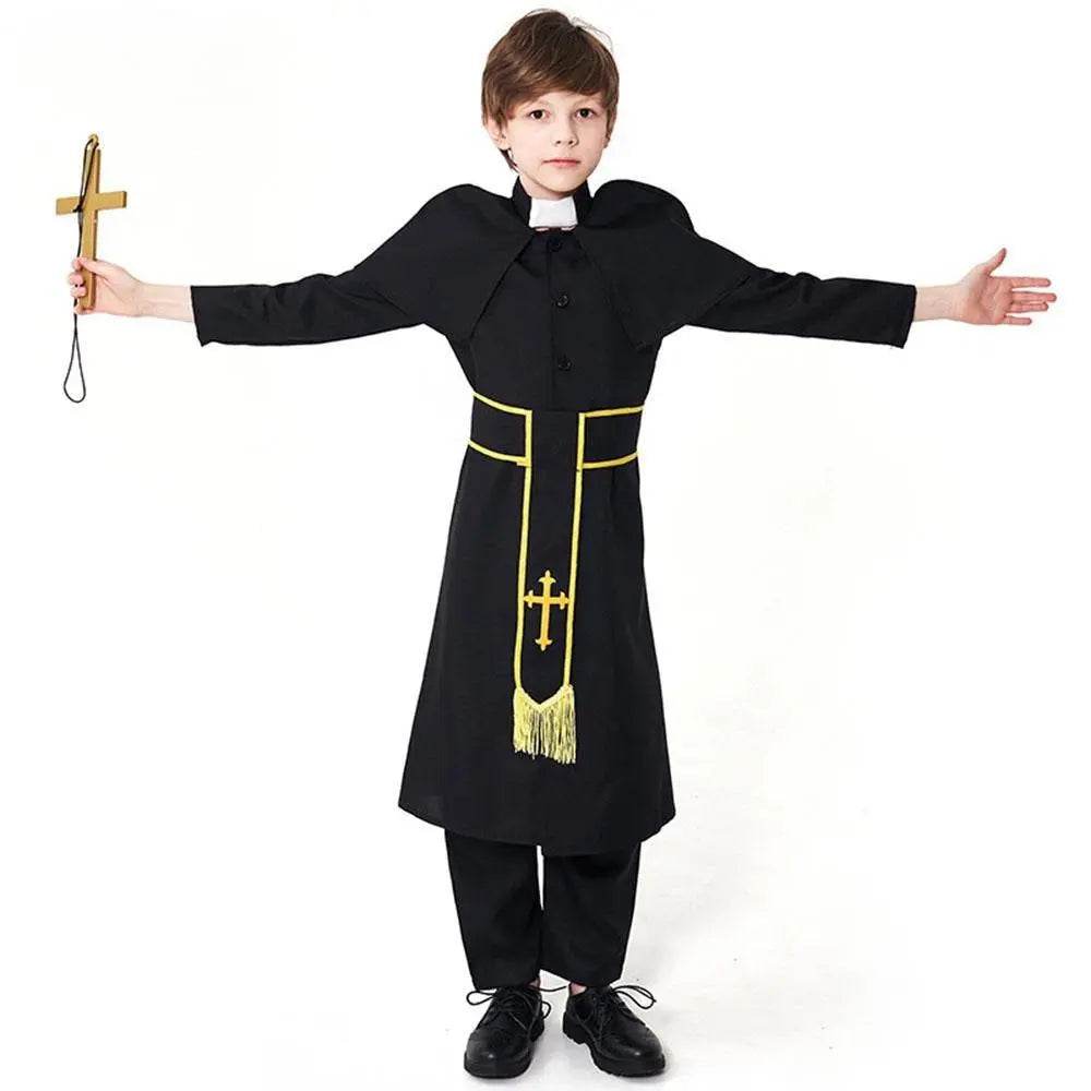 Black Robed Priest Halloween Outfits Carnival Cosplay Costume For Kids - zzcosplay