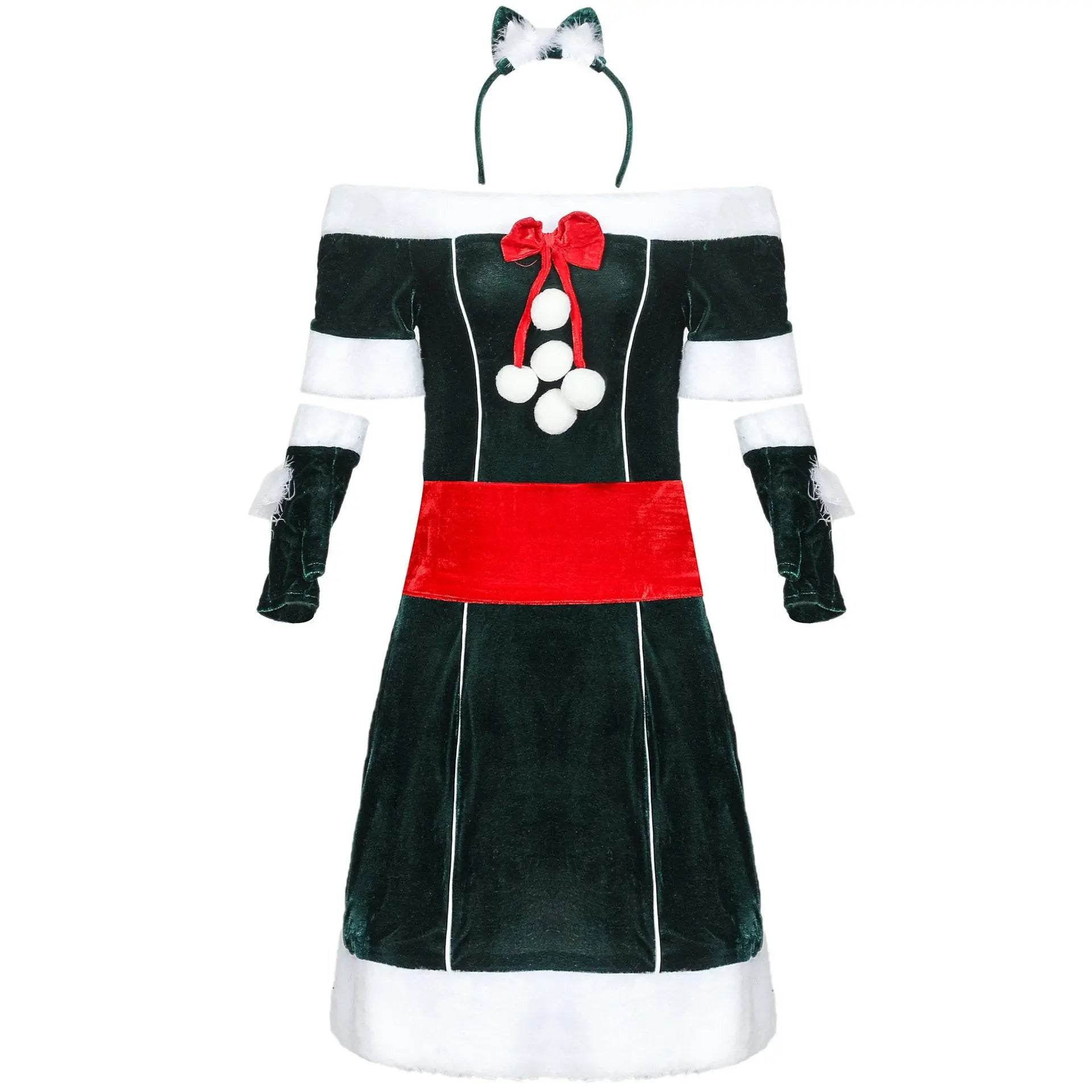 Christmas Off Shoulder Cute Cat Costumes Party Dress - zzcosplay