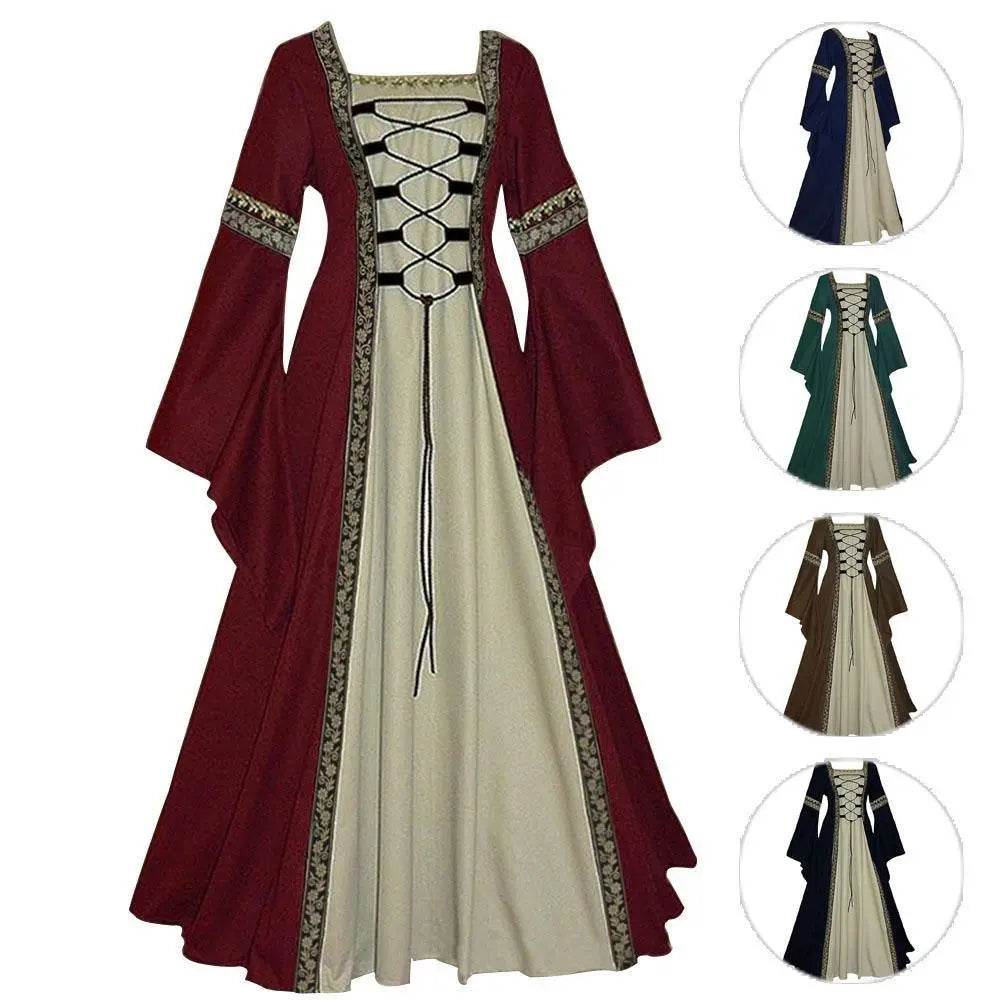 Gothic retro women's Medieval Court Costume Robe large size trumpet sleeve long dress - zzcosplay
