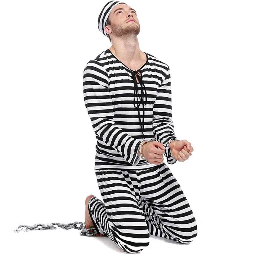 Halloween Adult Kid Striped Prison Costume Hat Top Pants Dress Set - zzcosplay