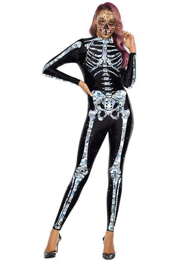 Halloween White Skeleton Elastic Bodycon Jumpsuit Cosplay Costume - zzcosplay