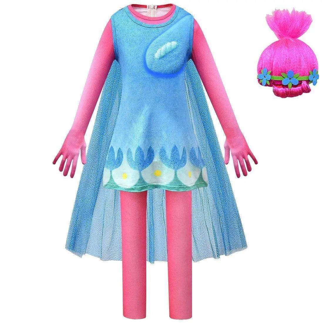 Kids Girl Trolls 2 World Tour Poppy Costume Cosplay ZenTai Short Sleeve Cape Dress - zzcosplay
