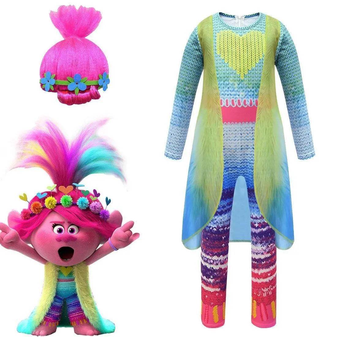 Kids Girl Trolls 2 World Tour Queen Poppy Costume Jumpsuit With Vest Wig - zzcosplay