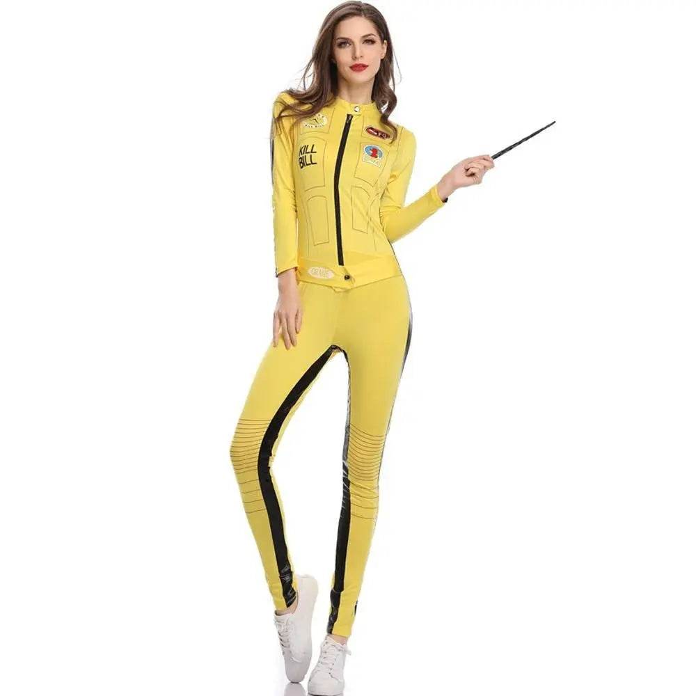 Kill Bill Cosplay Costume Yellow Bodycon Jumpsuit Motorcycle Night Club Racer Zentai Suits for Women - zzcosplay