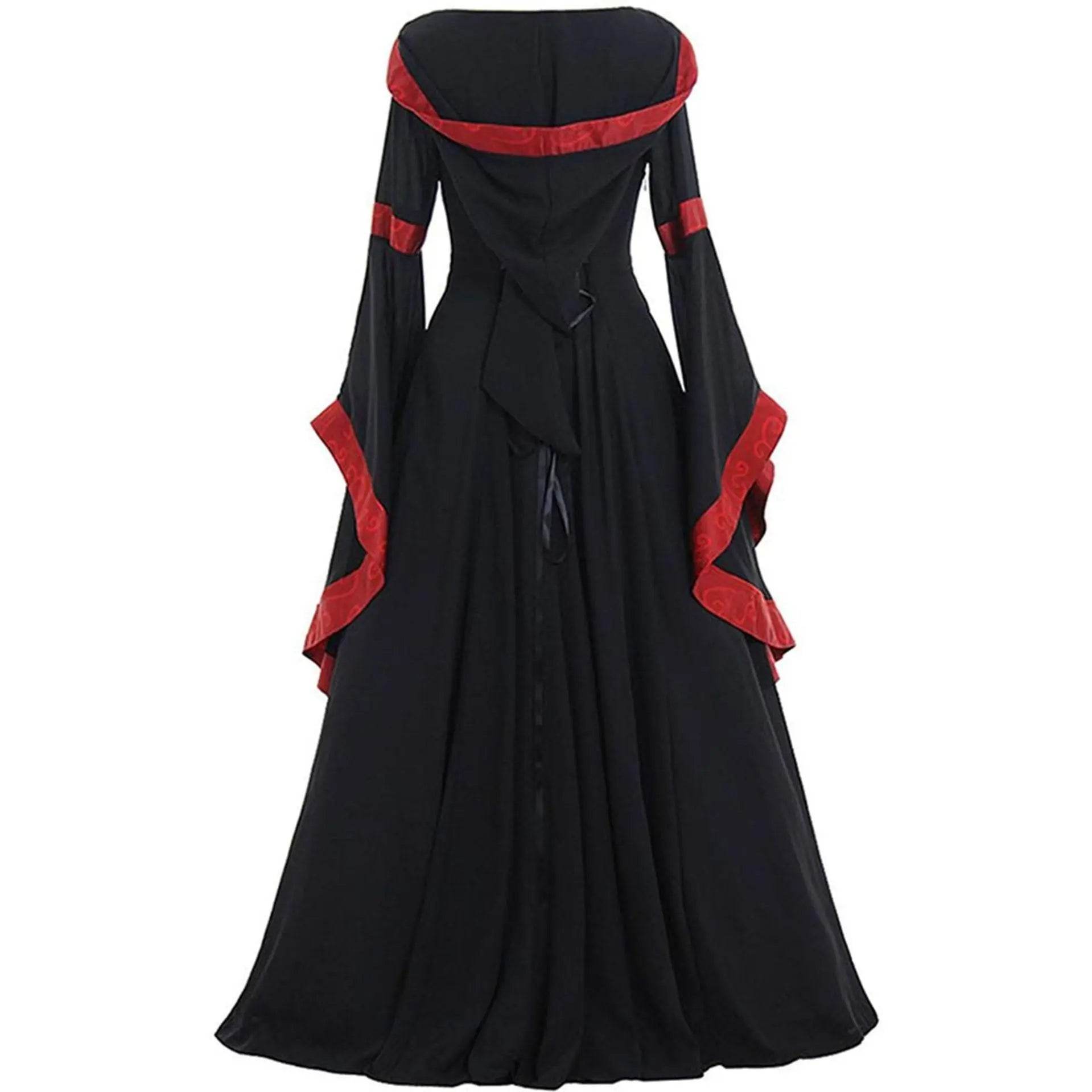Medieval Retro Hooded Dress Costume Square Neck Tie Trumpet Sleeves Big Swing Skirt - zzcosplay