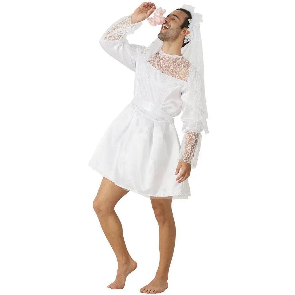 Men's Wedding Dress Funny Male White Bride Costume Halloween Stag Night Party Outift - zzcosplay