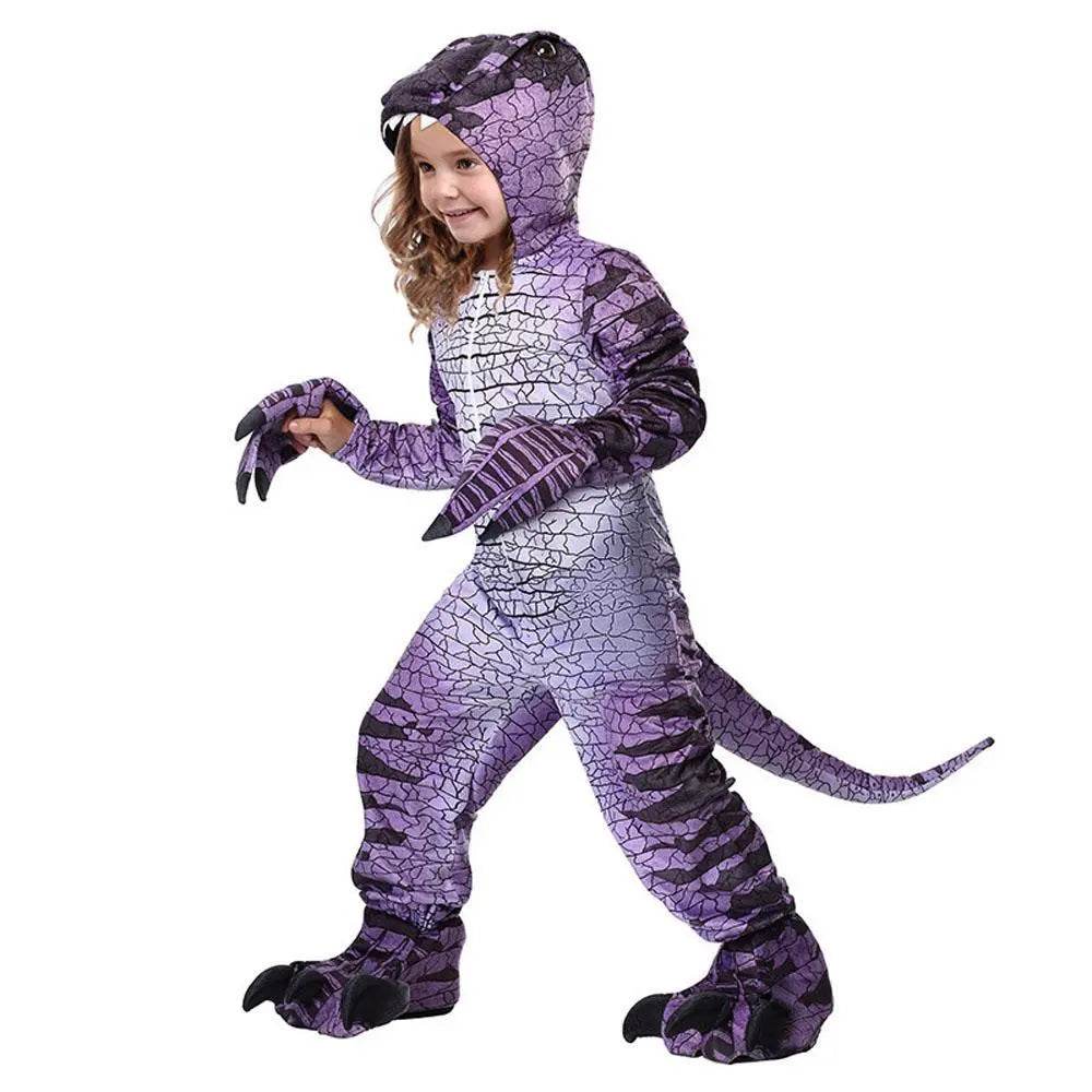 Ravenous Raptor Dinosaur Cosplay Costume Purple Hooded Jumpsuit Outfit Halloween for Kids - zzcosplay